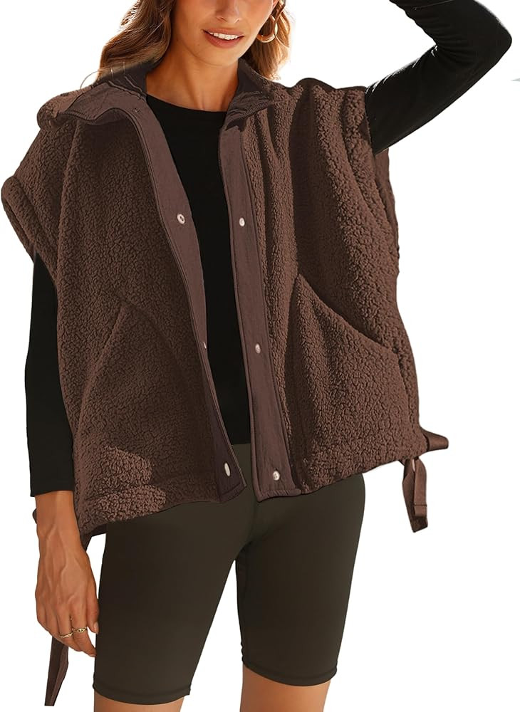 Womens Sherpa Fleece Vest Oversized Sleeveless Jacket Casual Outerwear Gilet with Pockets | Amazon (US)