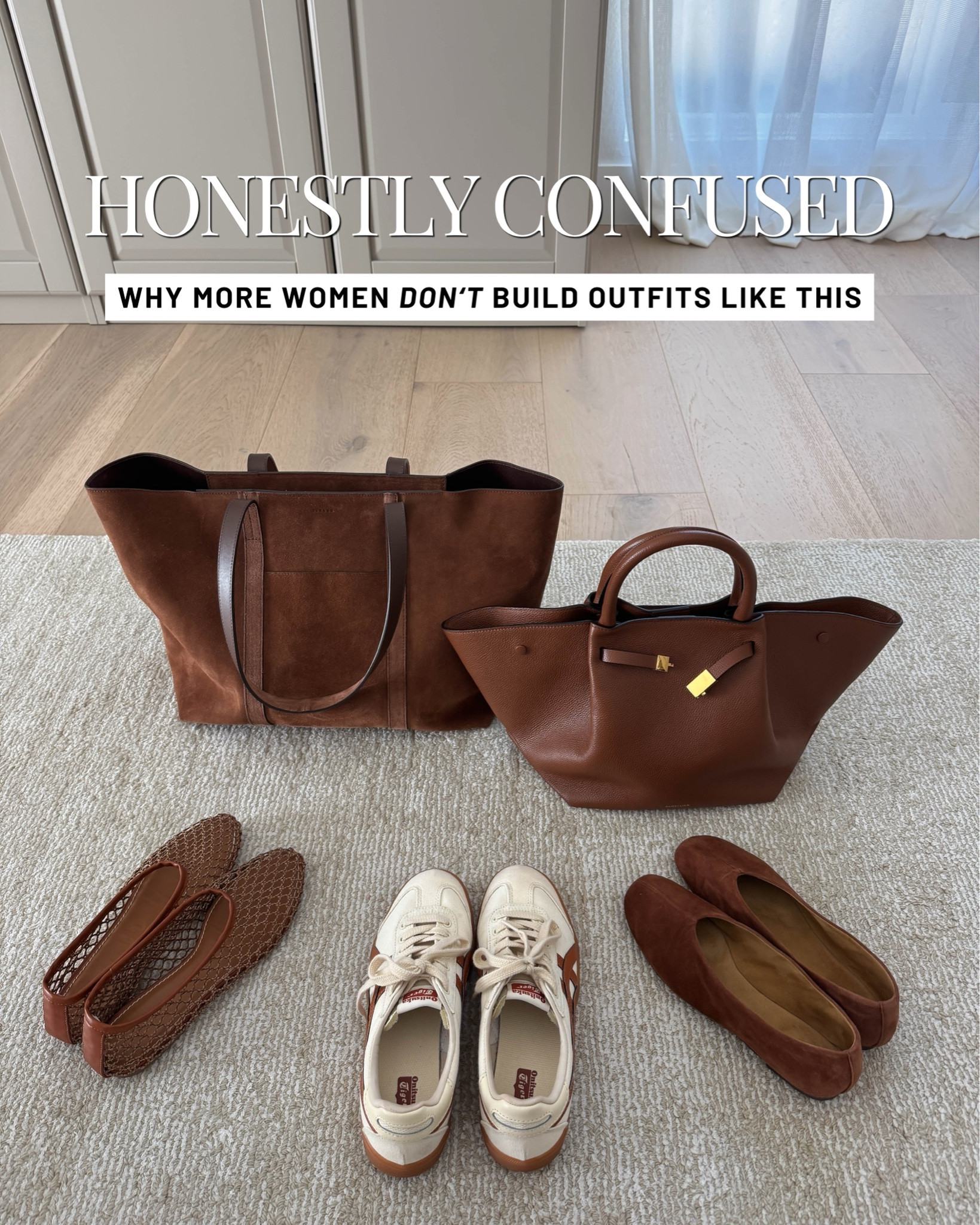 One of my favorite ways to use the sandwich method is matching your shoes + bag. And cognac is such a good fall color, it works with so much.

Look 1:
Zara jumper medium - size up
Everlane tank xs 
AGOLDE Luna jeans 25 - cut hems 
Reformation flats 5 - runs slightly small but do stretch out 
Sezane tote 
Celine sunglasses 
Electric Picks earrings 
Dorsey James necklace 15”

Look 2:
AYR tee medium 
Citizens of Humanity Miros petite 25
Everlane boxy sweater xs 
Reformation flats 5 
Sezane Gabin bag 
Celine sunglasses 
Electric picks earrings 
Dorsey James necklace 15”

Look 3:
AYR denim shirt xs 
AGOLDE Luna jeans 24, cut hems 
Reformation flats 5 - run slightly small but these do stretch out with wear. 
DeMellier New York bag in medium 
Celine sunglasses 
Dorsey James necklace 15” 
Electric Picks earrings

Look 4:
Steve Madden trench xs
Tuckernuck tee xs
Aritzia balloon pants xs
Everlane ballet flats 5
Quince bucket bag
Celine sunglasses

Look 5:
J.Crew blazer petite 4 
Everlane tee medium 
AGOLDE jeans 25, cut hems 
Madewell flats 5 - sold out, linked similar
DeMellier bag 
YSL Sunglasses

Look 6:
AYR Deep end shirt xs 
Everlane Way High jeans 25 
Everlane cotton sweater xs - color is sold out
Staud flats 35 
Polo Ralph Lauren hat 
Electric Picks earrings 
Dorsey James 15” 
DeMellier bag medium

#LTKmomlife #LTKPetite #LTKOver40