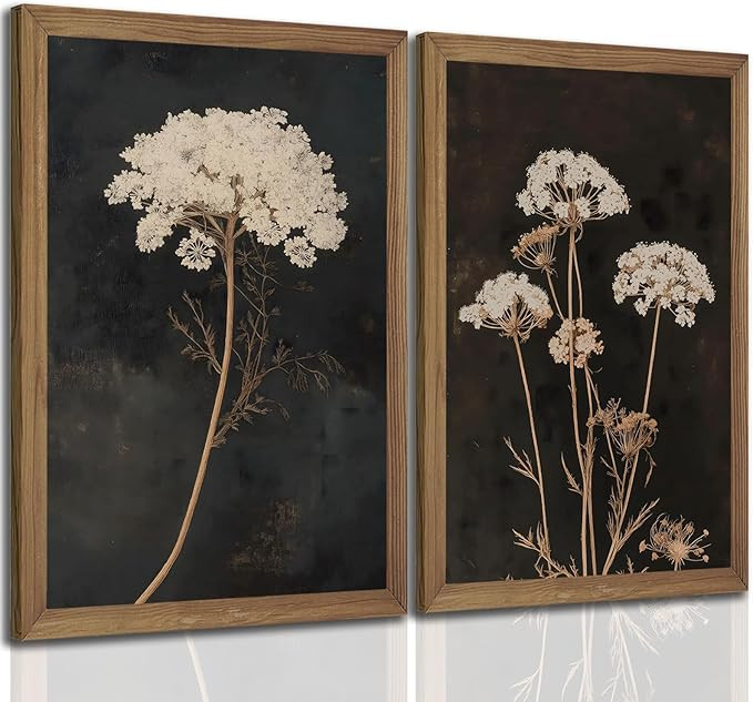 2Pcs Framed Moody Botanical Wall Art with Wood Frame Vintage Queen Anne’s Lace Flower Canvas Pa... | Amazon (US)