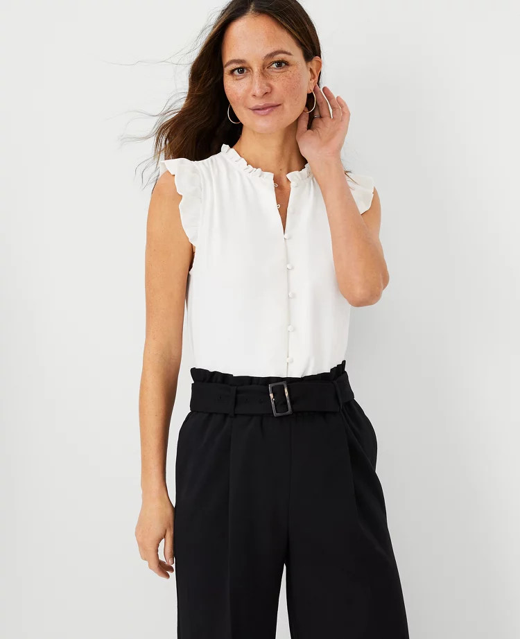 Mixed Media Ruffle Button Shell | Ann Taylor (US)