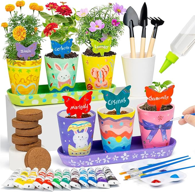 Kids Gardening Set Paint and Plant Stoneware Flower Growing Kit with 6 Pots and Gardening Tools A... | Amazon (US)