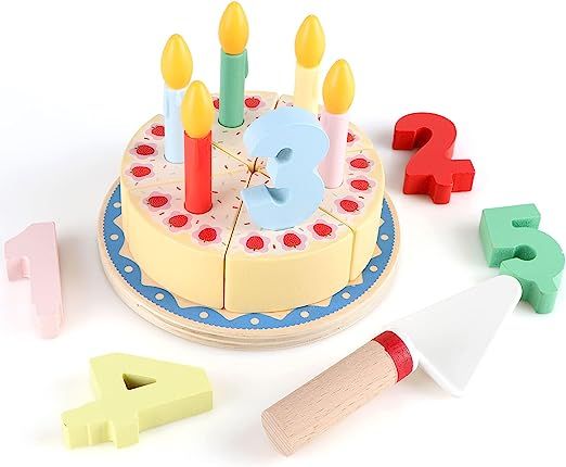 Steventoys Wooden Cutting Birthday Cake Toys,DIY Pretend Play with Candles for Kids,Play Food Set... | Amazon (US)