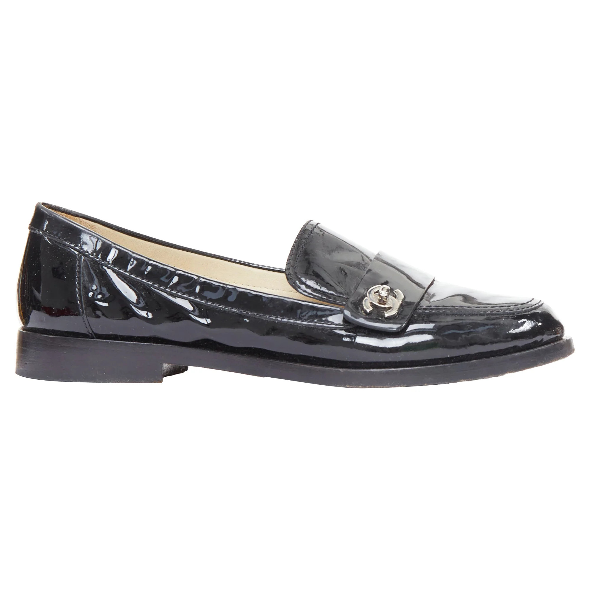 Chanel black patent CC loafers | Shop Simon
