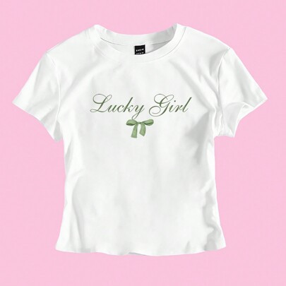 Slim Fit Short Sleeve T-Shirt With Letter And Bow-Knot Print Graphic Tees Women Tops | SHEIN