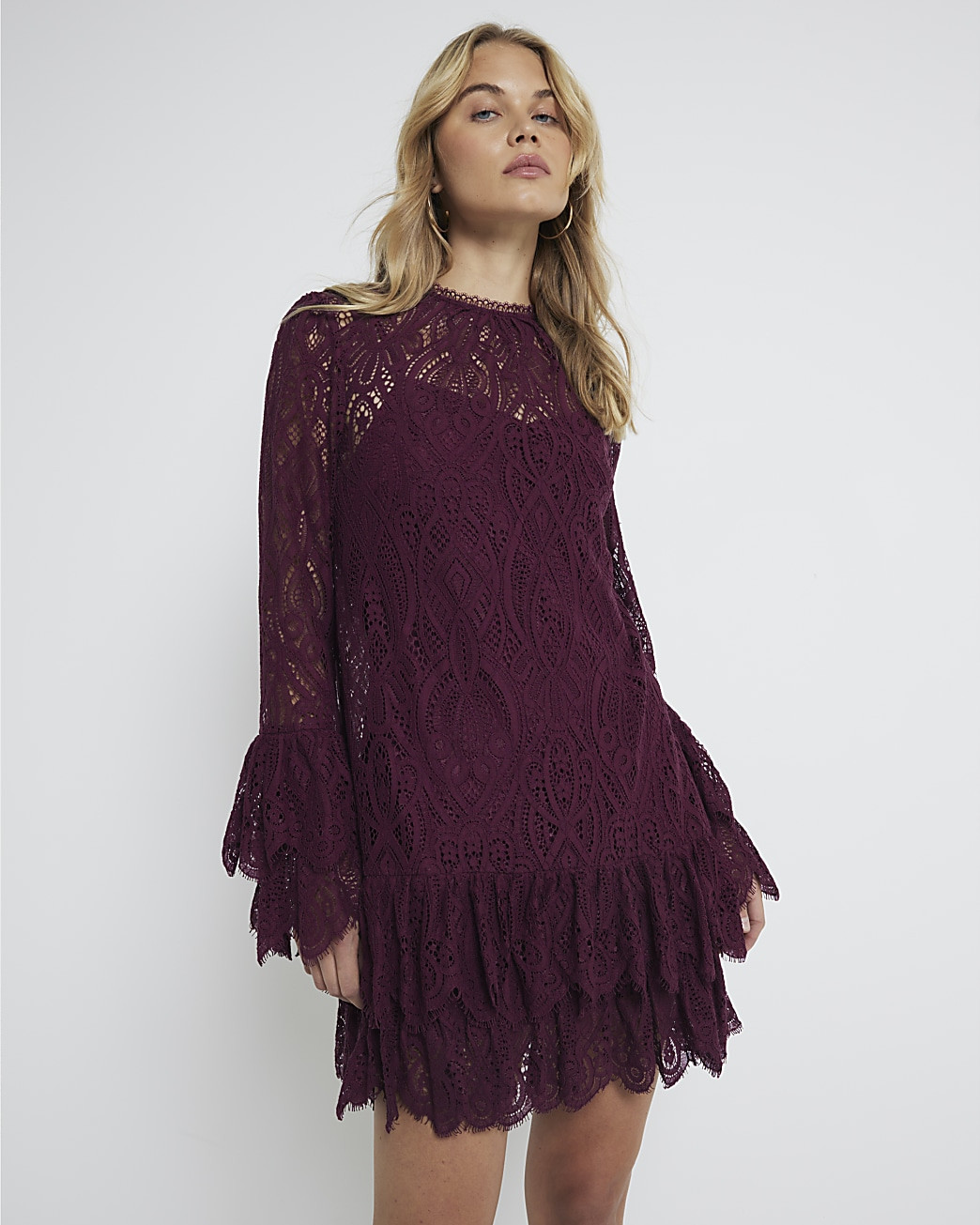 Red Lace Tiered Shift Mini Dress | River Island (UK & IE)