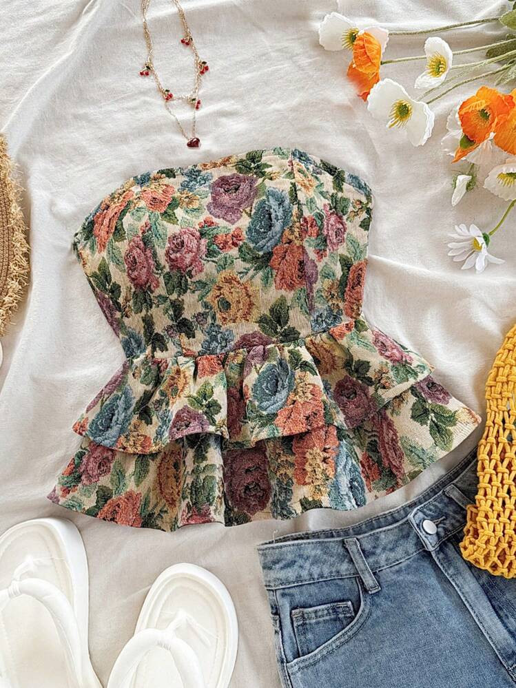 Soleia Blusa elegante bohemia y tropical sin tirantes, con hombros abiertos, espalda abierta y bajo con volantes, para mujer, ideal para uso casual, resort, playa, boda, graduaci\u00f3n, brunch, D\u00eda de San Patricio, vacaciones de primavera, Pascua, festivales de m\u00fasica, oto\u00f1o/invierno | SHEIN | SHEIN