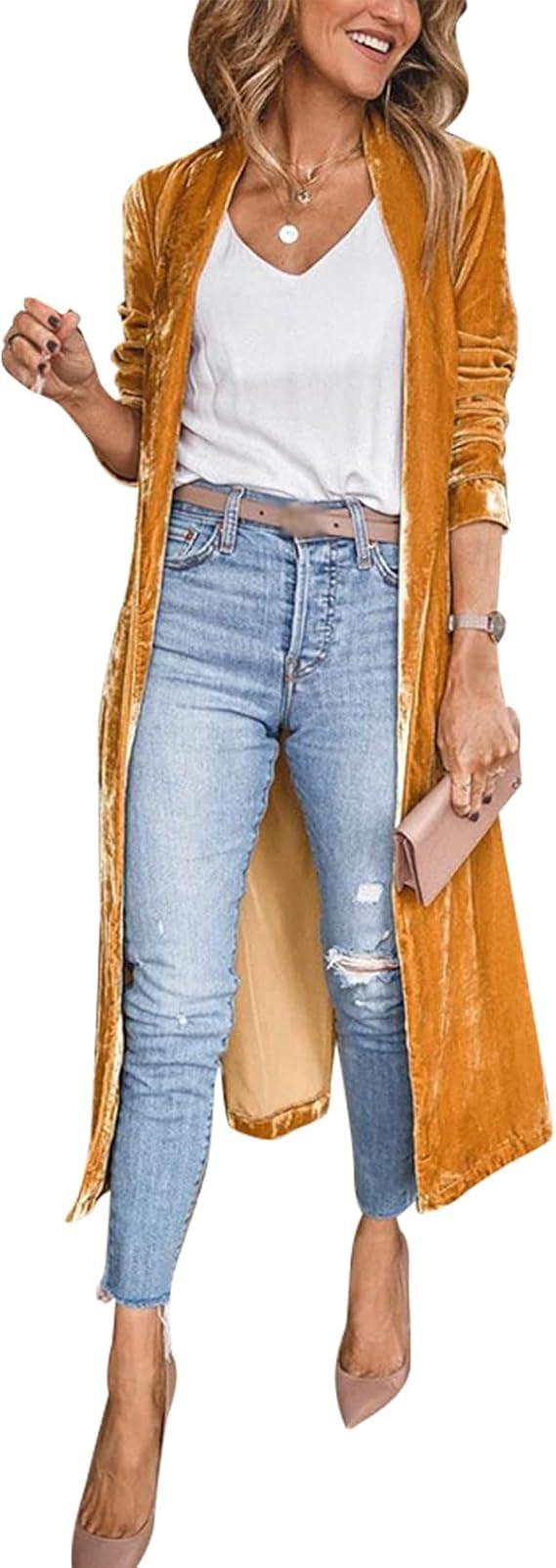 Women's Long Velvet Cardigan Jacket Lapel Collar Open Front Vintage Cardigan Sweater with Pocket ... | Amazon (US)