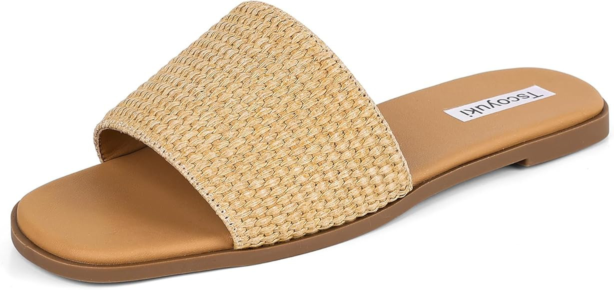 Tscoyuki Women's Flat Sandals Dressy Summer Open Toe Slip On Raffia Beach Slide Sandals | Amazon (US)