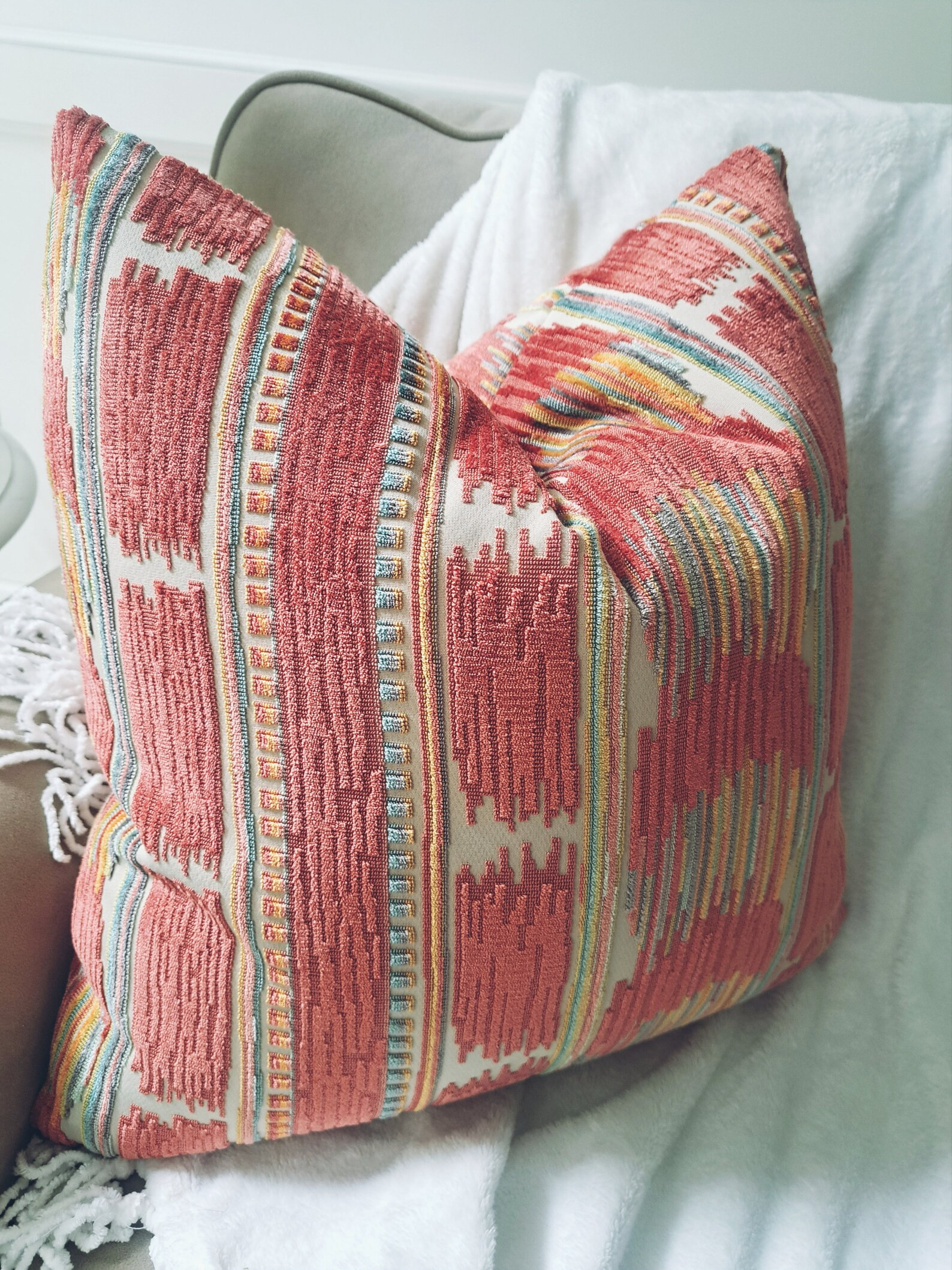Stripe Ikat Boho Coral Orange Chenille Pillow Cover - Etsy | Etsy (US)
