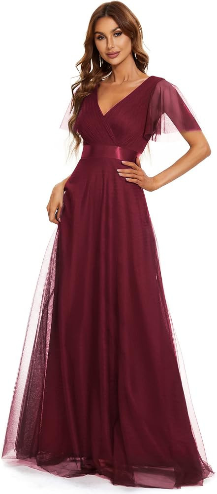 Ever-Pretty Women's V Neck Floor Length A Line Empire Wasit Short Sleeve Tulle Long Bridesmaid Dr... | Amazon (UK)