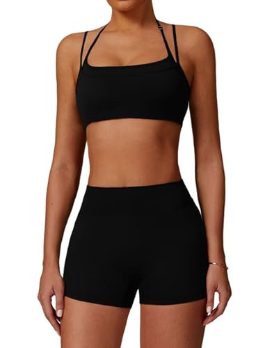 QBGJTD Two Piece Workout Sets For Women Sleeveless Backless Sport Bra Matching High Waist Scrunch Butt Biker Shorts 2 Piece Gym Yoga Active Wear Outfits Womens Athletic Work Out Clothes Black M | Amazon (US)