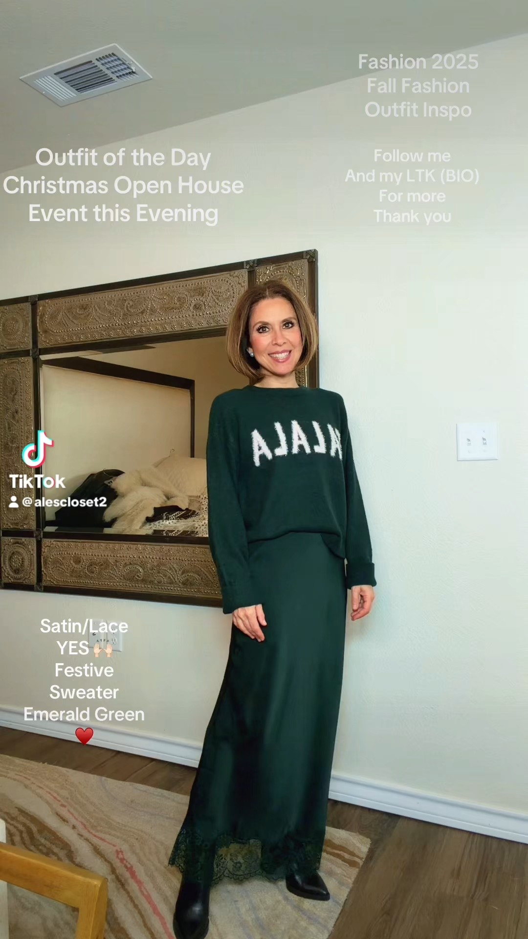 Emerald green for the win tonight ✨
This satin + lace skirt paired with the softest festive sweater is giving holiday chic without trying too hard.
Perfect for a Christmas open house, work event, or any evening gathering this season.

Wearing XS in both the sweater and the skirt
Tights are medium

Links below for your review
Thank you for stopping byy
⸻



#HolidayOutfit #EmeraldGreen #SatinSkirt #FestiveStyle #HolidayChic #LTKHoliday #LTKFashion #Alesstyle #OutfitInspo #WinterWardrobe

#LTKSeasonal #LTKHoliday #LTKOver40