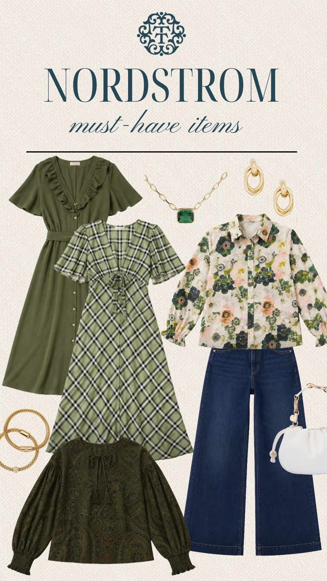 Nordstrom must-have finds for fall, featuring rich olive green, classic plaid, pretty floral prints, and dark denim. We’re loving the mix of dresses, blouses, wide-leg jeans, and gold jewelry for putting together easy fall outfits. The little white bag and green stone necklace add the perfect finishing touches.

#LTKSeasonal #LTKOver40 #LTKMidsize