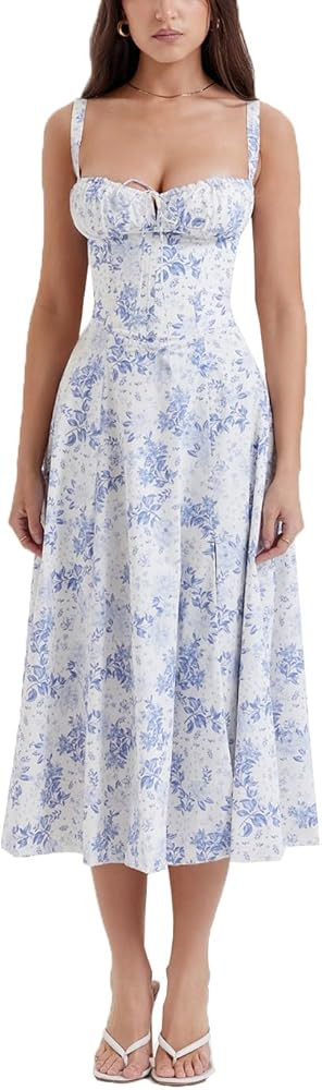 ERMODA Women's Floral Corset Midi Dress,Summer Boho Sleeveless Square Neck Flowy Print Slit Lace ... | Amazon (UK)