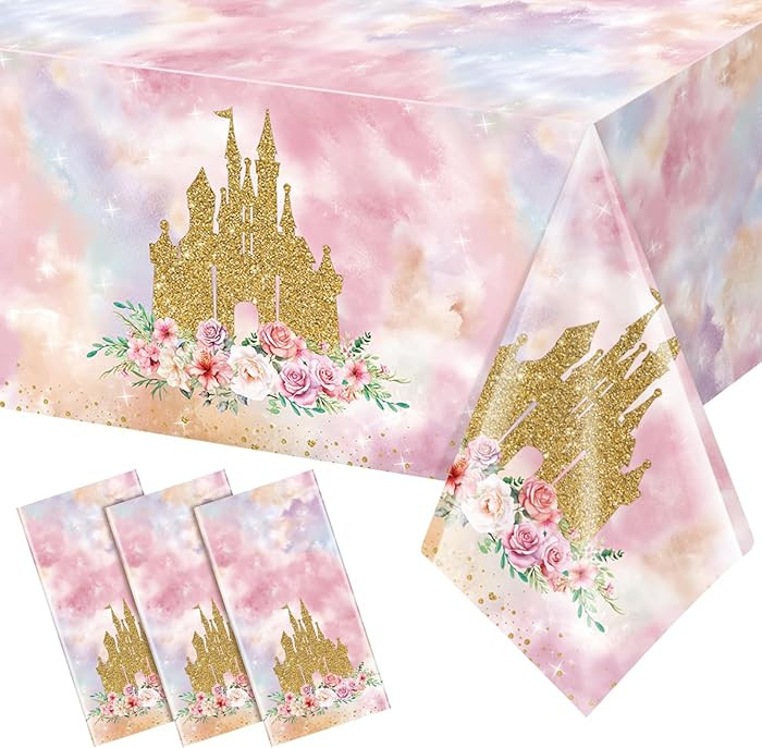 3 Pack Princess Tablecloths Birthday Decorations,Plastic Pink Rose Castle Table Cloth for Parties... | Amazon (US)