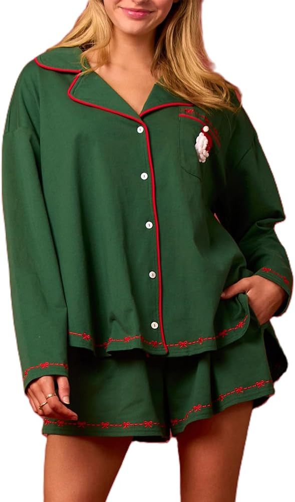 Women Cute Christmas Pajamas 2 Piece Lounge Set Long Sleeve Shirts and Shorts Y2k Pajama Sets Sle... | Amazon (US)