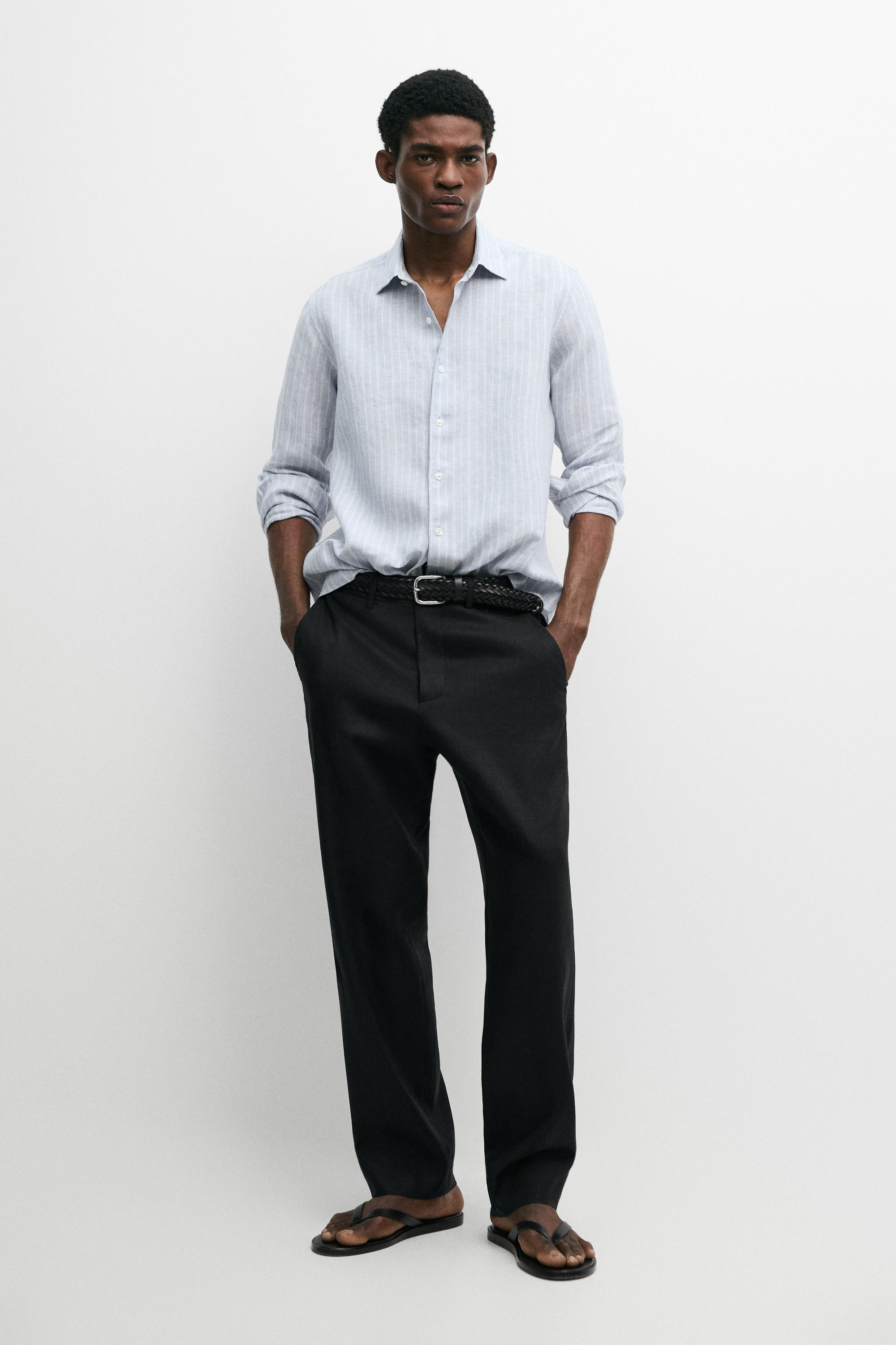 100% linen regular fit faded striped shirt | Massimo Dutti UK