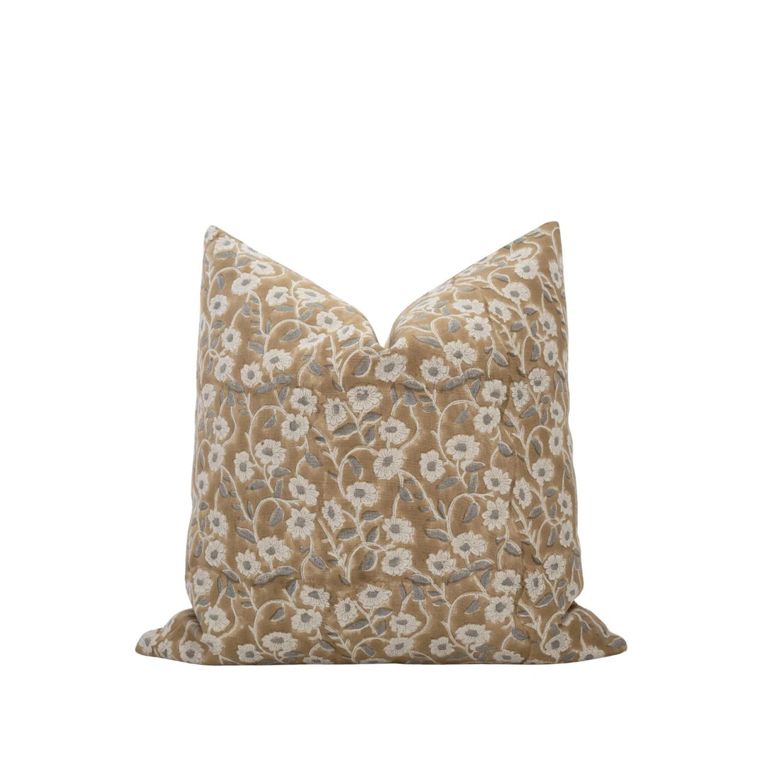 AUTUMN || Warm Camel Brown Floral Pillow Cover Block Print Pillow Muted Floral Pillow Modern Farm... | Etsy (US)