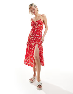 Monki strappy midi dress with split in red ditsy print | ASOS | ASOS (Global)