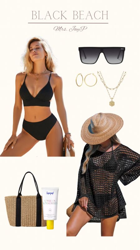 Vacation ready. Black bikini. Black cover up. Beach accessories. Beach bag. Vacation looks. 

#LTKSpringSale #LTKSeasonal #LTKswim