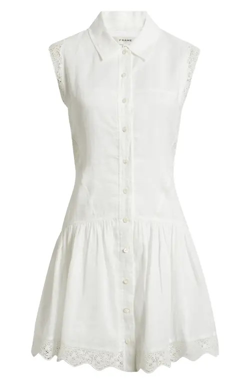 FRAME The Embroidered Ramie Button-Up Dress in White at Nordstrom, Size Medium | Nordstrom