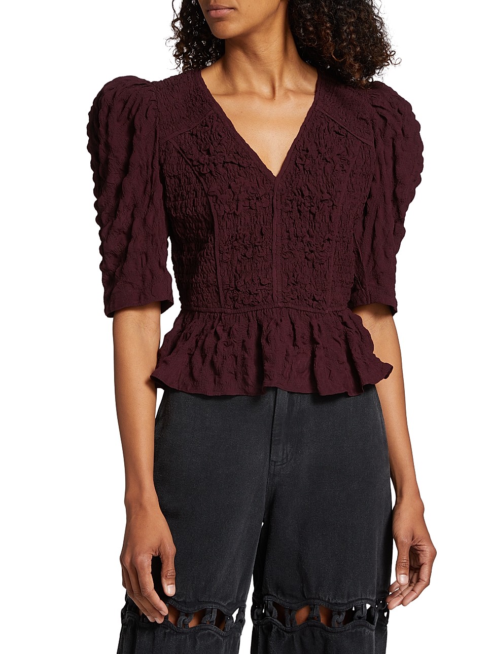 Piero Smocked Seersucker Peplum Top | Saks Fifth Avenue