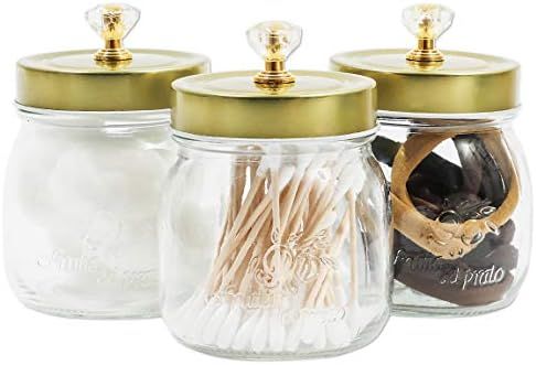 Glass Vanity Canisters with Gold Lids, Mason Jar Bathroom Set (3 Pack) | Amazon (US)