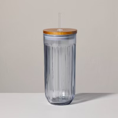 21oz Fluted Glass Tumbler with Wood Lid Blue - Hearth & Hand™ with Magnolia | Target