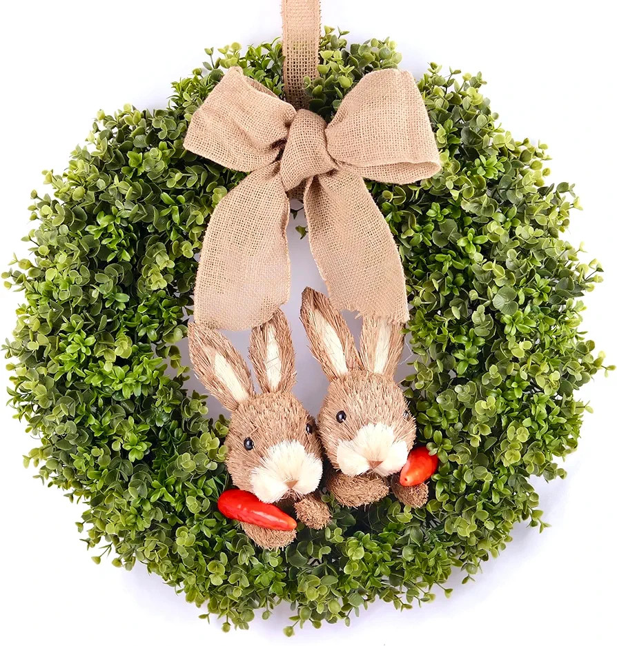 22 Inch Easter Wreath for Front Door, Spring Green Artificial Boxwood Wreath with Sisal Bunnies a... | Amazon (US)