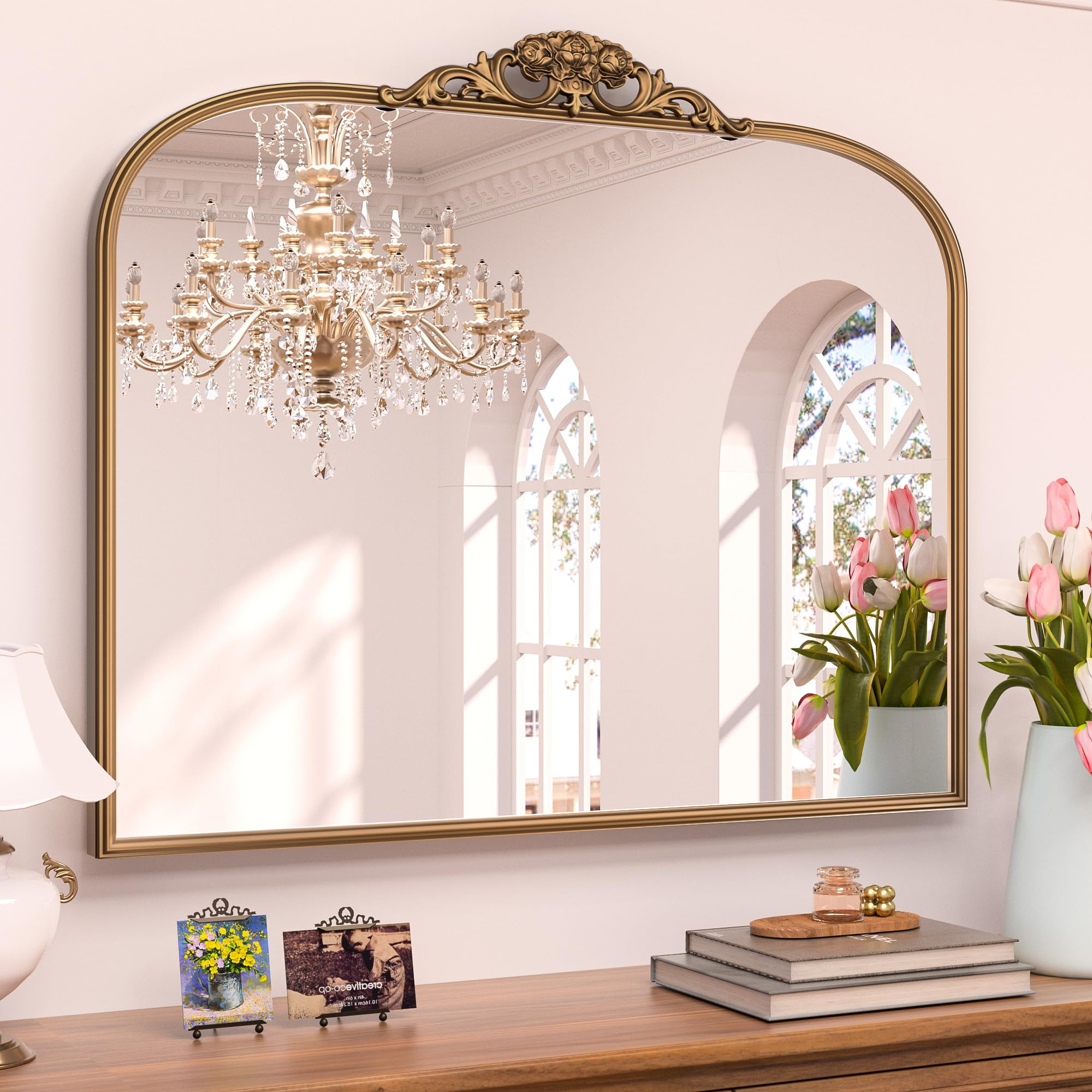 Keonjinn Vintage Gold Mirror for Wall, 40" x 30" Large Arched Mirror with Metal Frame, Brass Vani... | Amazon (US)