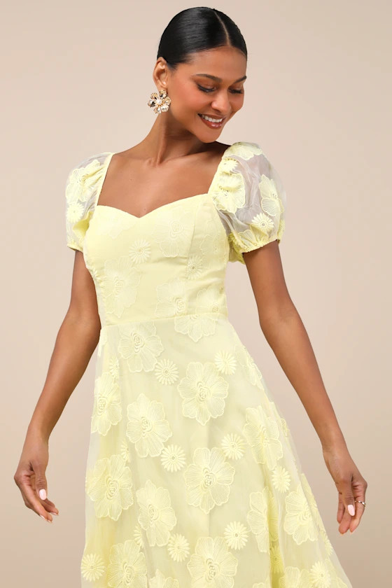 Sweetest Behavior Yellow Embroidered Puff Sleeve Midi Dress | Lulus