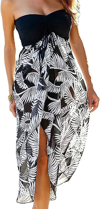 Lrady Women's Chiffon Off Shoulder Summer Beach Swimsuit Cover ups Sundress Strapless Dress | Amazon (US)