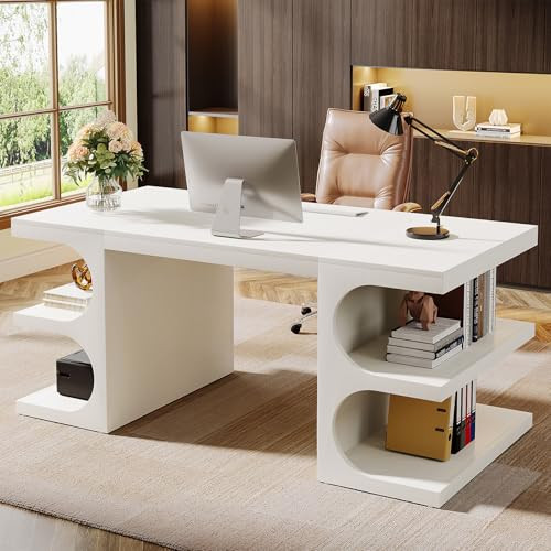 Tribesigns Modern Executive Office Desk, 63-Inch Large Computer Home Office Desk with Storage Shelves, Wood Study Writing Table, Workstation Business Furniture, White | Amazon (US)
