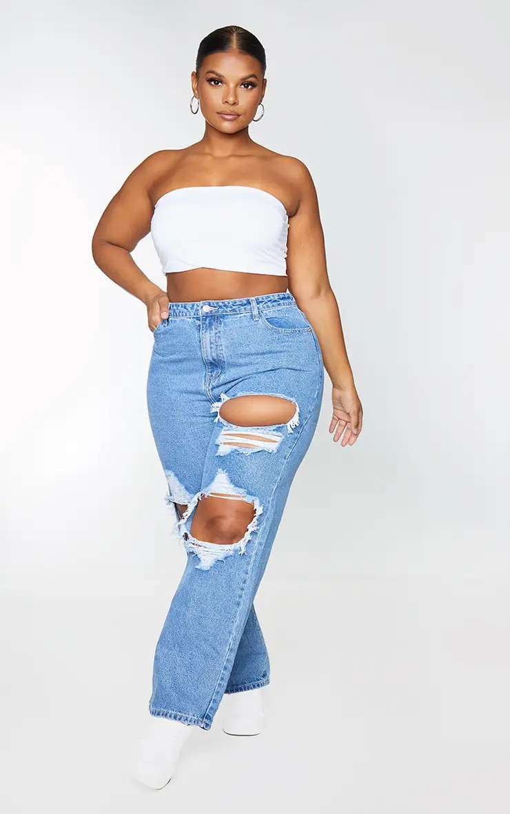 Mid Blue Wash PRETTYLITTLETHING Plus Mid Blue Ripped Straight Leg Jeans | PrettyLittleThing USA | PrettyLittleThing US