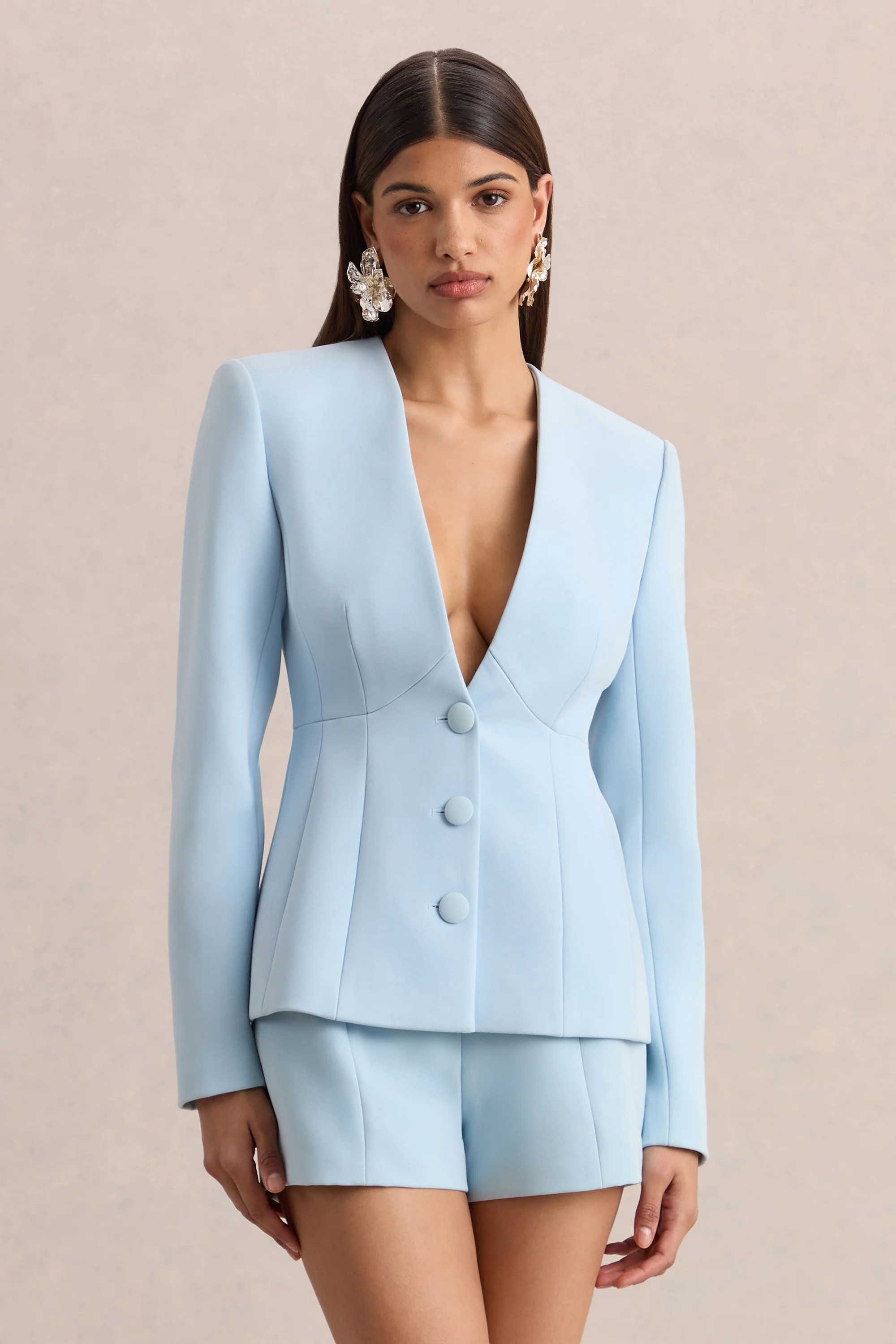 Rosalina | Light Blue Extreme-Plunge Neck Tailored Blazer | Club L London