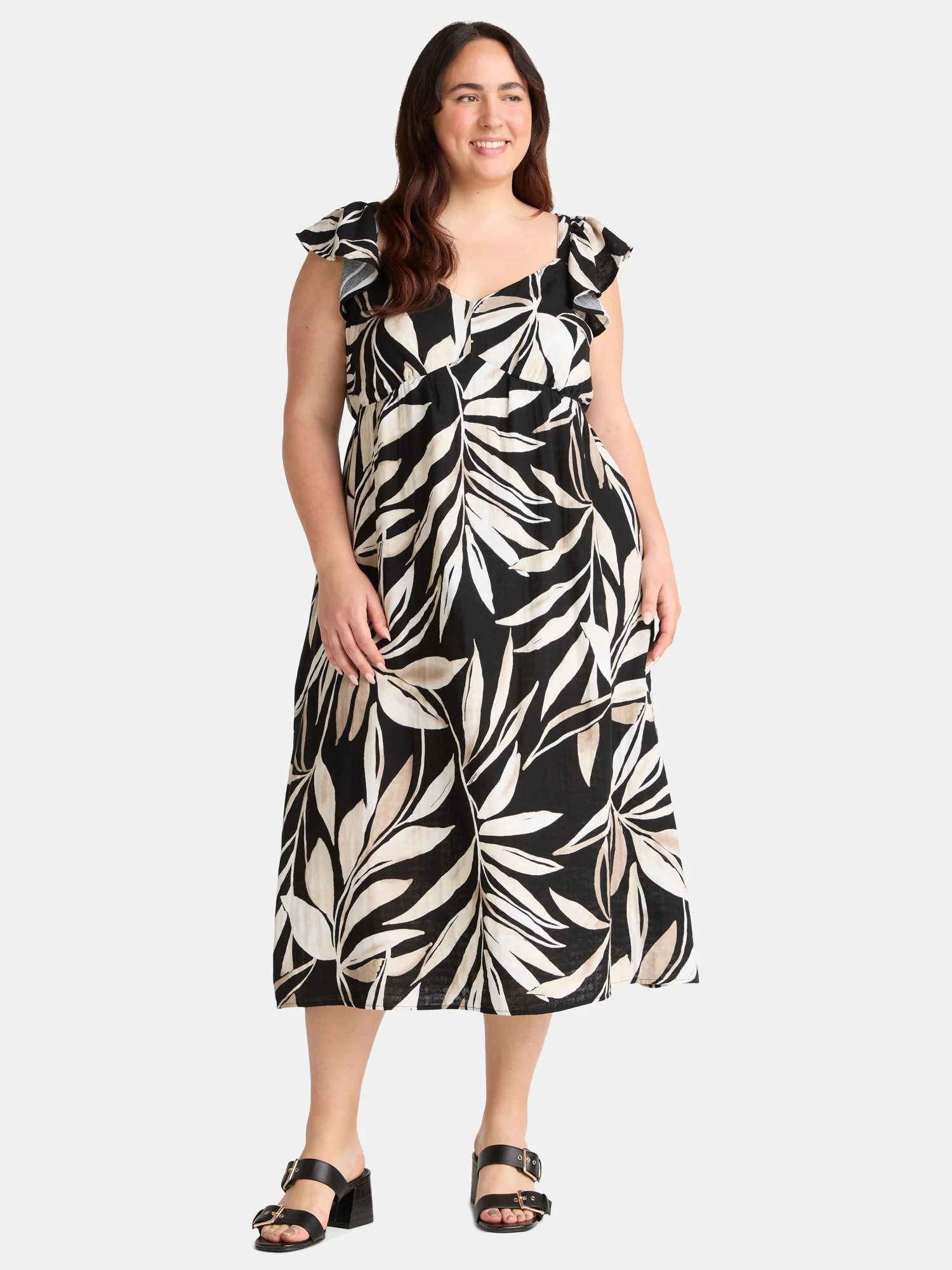 Time and Tru Women's Plus Cotton Midi Dress with Flutter Sleeves, Sizes 1X-4X | Walmart (US)