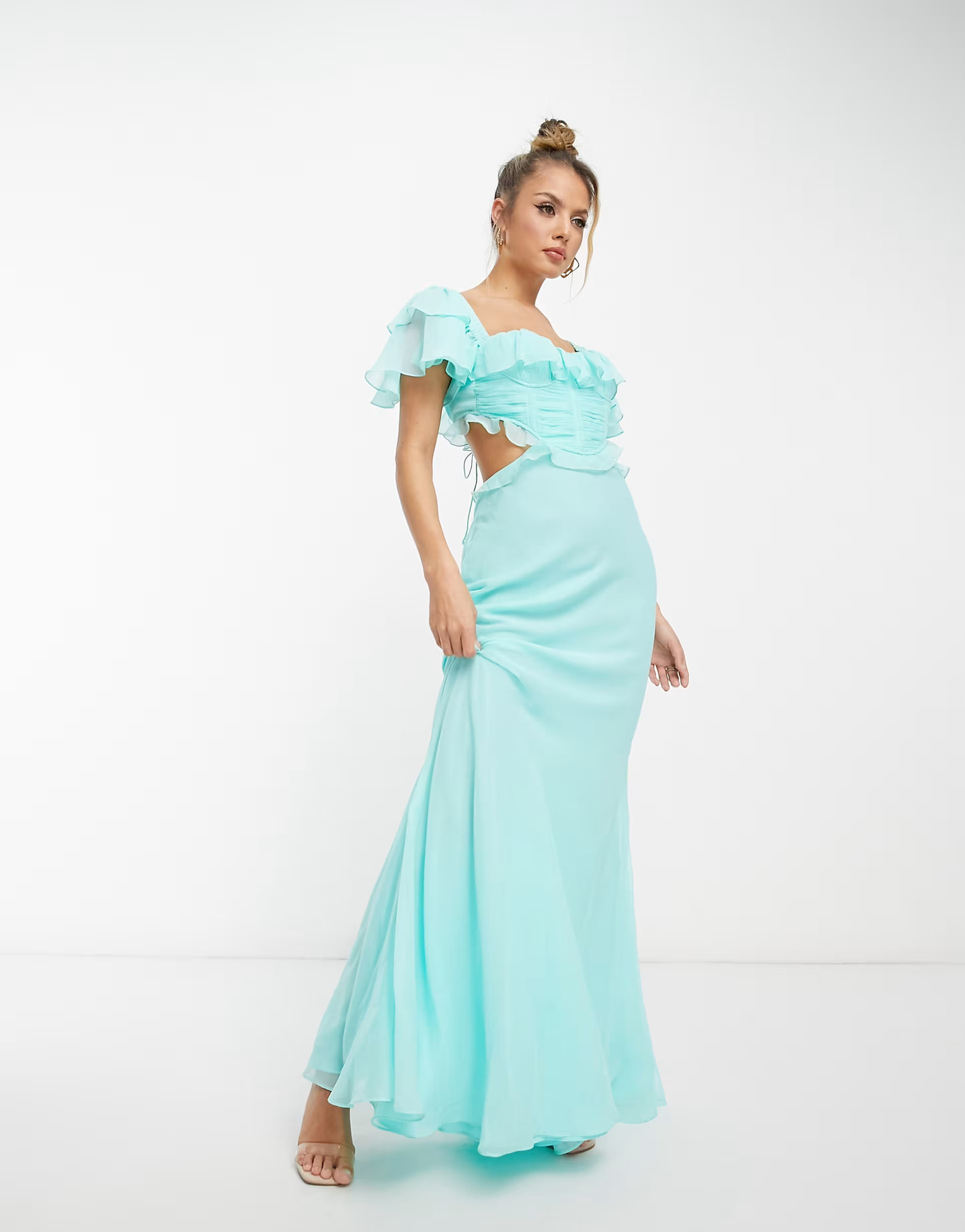 ASOS DESIGN corset cut out maxi skater dress with angel sleeve and ruffle detail in turquoise | A... | ASOS (Global)