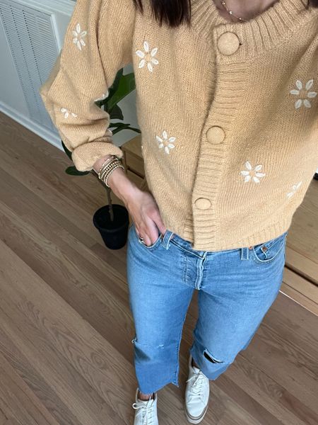 Button down cardigan / wearing s
Levi denim / wearing 26 fits oversized 
Dolce vita sneakers 

Spring outfit. Casual outfit. Brunch outfit  

#LTKSeasonal #LTKstyletip #LTKunder50