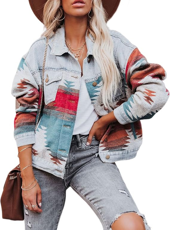 UANEO Womens Aztec Shacket Button Down Boho Western Retro Distressed Shirt Jacket | Amazon (US)