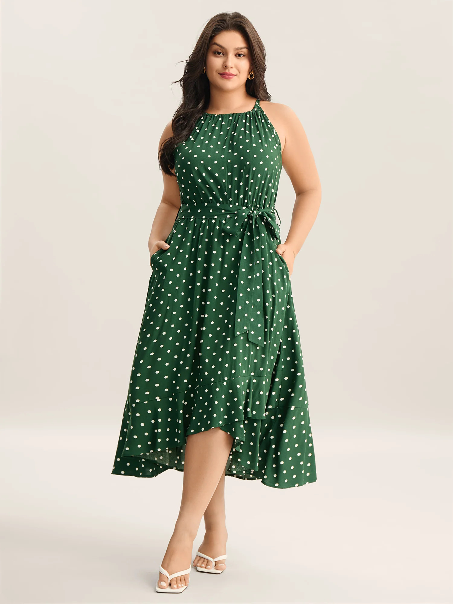 Polka Dots Halter Neck Belted Midi Dress | Bloomchic