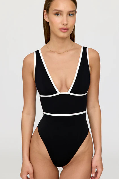 CAP-FERRAT CONTRAST TRIM PLUNGE NECK SHAPING SWIMSUIT - SHADOW BLACK | TALA (UK)