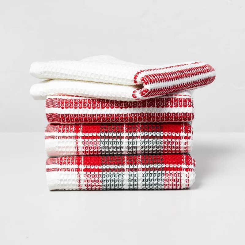 4pk Holiday Plaid & Stripe Waffle Dishcloth Set Green/Red/Cream - Hearth & Hand™ with Magnolia | Target