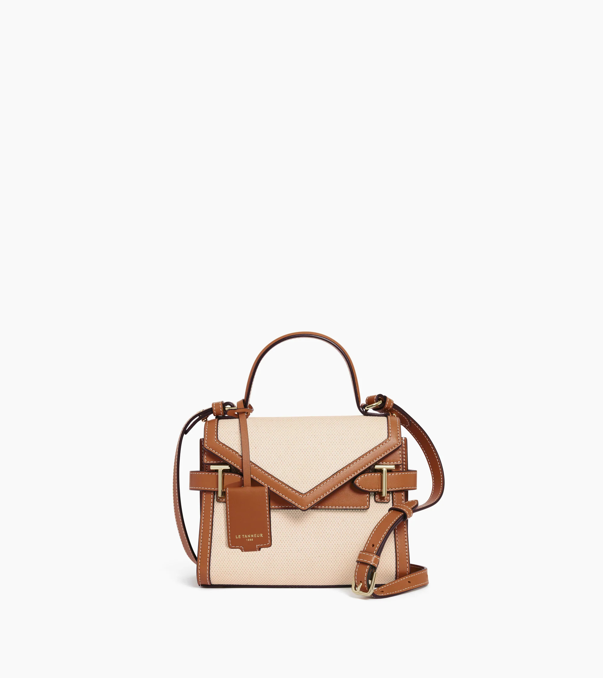 Emilie small handbag in natural canvas and smooth leather with double flap | Le Tanneur