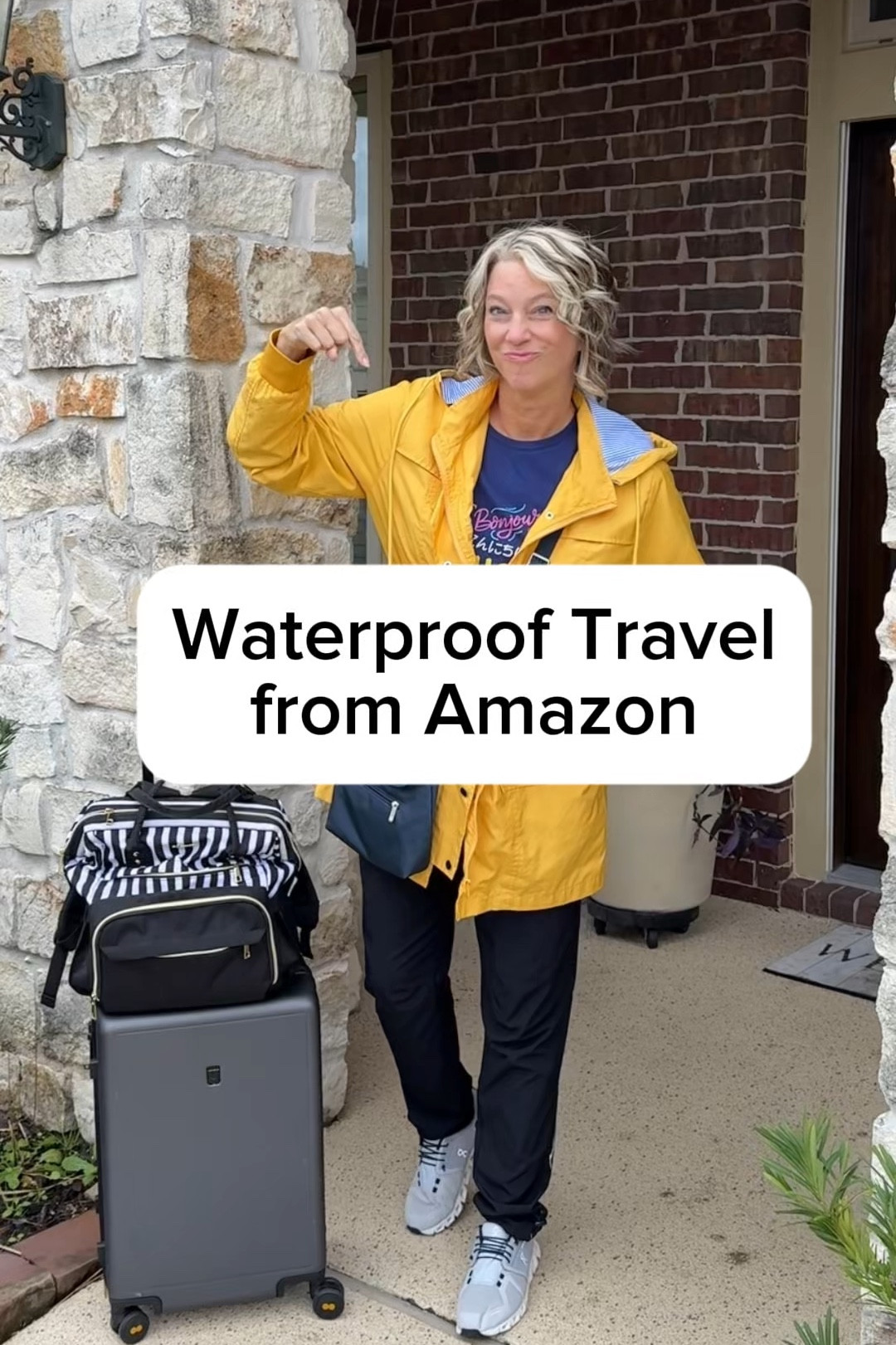 ✈️ Amazon Waterproof Gear for Travel 💙 Comment SHOP for links. I am 5’8” size 10 wearing L. #amazonpartner 
Easter travel season means rain! 1️⃣  best rain jacket for rainy Spring travel. I wore it almost every day in Europe for my river cruise. Hood can cinch and it is a waterproof raincoat.
Travel Tip: pack it in a compression cube for a pillow mid-flight.
2️⃣ These water-resistant pants are the quietest and come in 3 lengths!
3️⃣ My crossbody bag is water-resistant and has wires in the strap and side panels.
4️⃣ Travel umbrella is strong but fits in my purse.
5️⃣ The rugged wheels of this luggage are why I have 4 of them! Great for cobblestone roads. 
6️⃣ Backpack has 17 pockets and is the 15.6 laptop version.
7️⃣ Waterproof shoes are tts yet allows you to put in your arch support insoles.
8️⃣ This international Hello shirt is tts with many foreign languages on it.
👨‍✈️ I’m a Houston pilot wife sharing tips to help you “travel the globe without a worry in the world” on YTube and IG. @amazon #easter2025 @amazonfashion #over40fashion #travelessentials #waterproof #packingforeurope #carryononly #founditonamazon #internationaltravel #travelgear #umbrella #waterresistant #traveltips #midlife #midlifestyle #traveloutfit 

#LTKShoeCrush #LTKOver40 #LTKTravel
