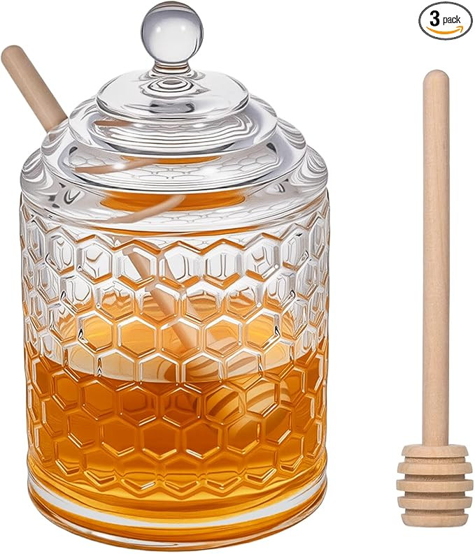 Clear Crystal Honey Pot with Dipper and Lid Glass Jar Dispenser Holder Syrup Container for Home K... | Amazon (US)