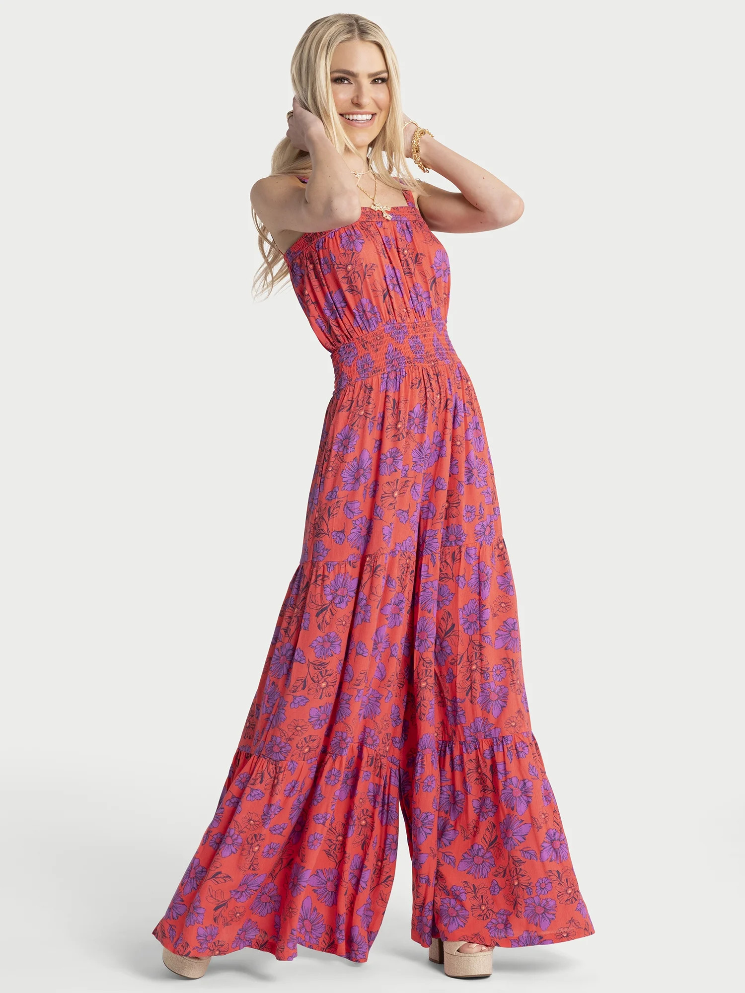 Jessica Simpson Women's Delene Smocked Wide Leg Jumpsuit, 30.5" Inseam, Sizes XS-XL | Walmart (US)