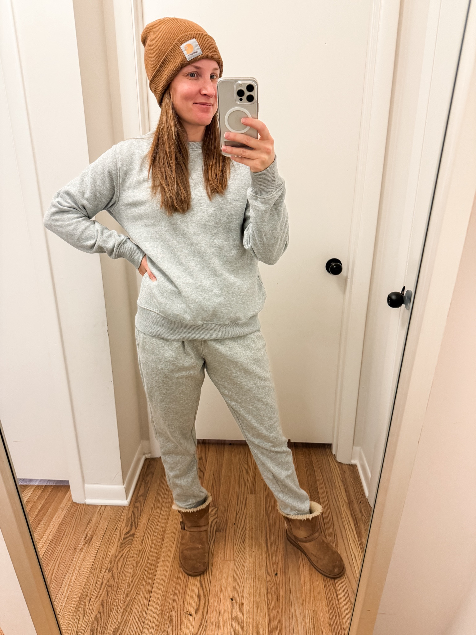 It’s cozy season! Matching set from Target for under $40 with red card. I sized up for a comfy dryer friendly fit (and yes, it’s men’s!). // winter capsule // carhartt beanie // Uggs // matching set 

#LTKSeasonal