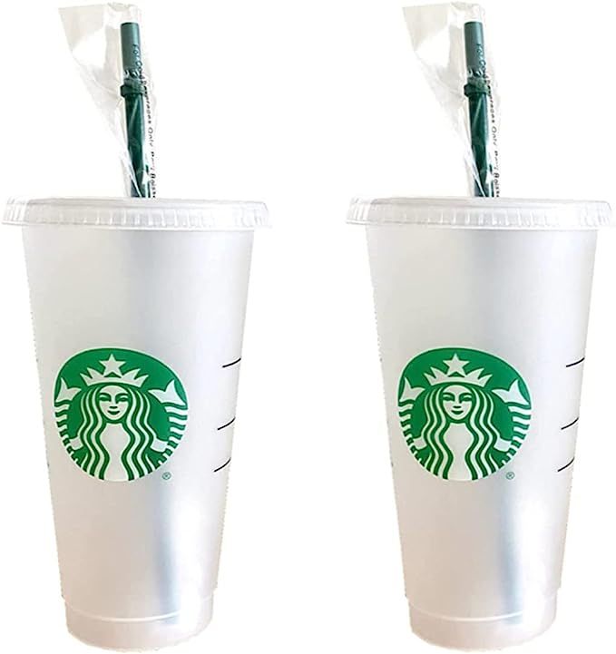 Starbucks 2 Pack Reusable Venti Frosted Cold Cup With Lid and Green Straw w/Stopper | Amazon (US)