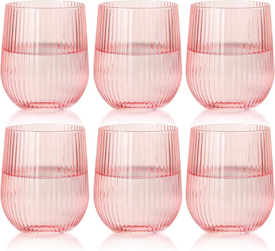 JOVGANK Pink Ribbed Glass Drinking Glasses Set of 6, Origami Ripple Pink Blush Stemless Wine Glas... | Amazon (US)