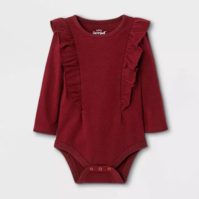 Baby Girls' Ruffle Long Sleeve Bodysuit - Cat & Jack™ Maroon | Target